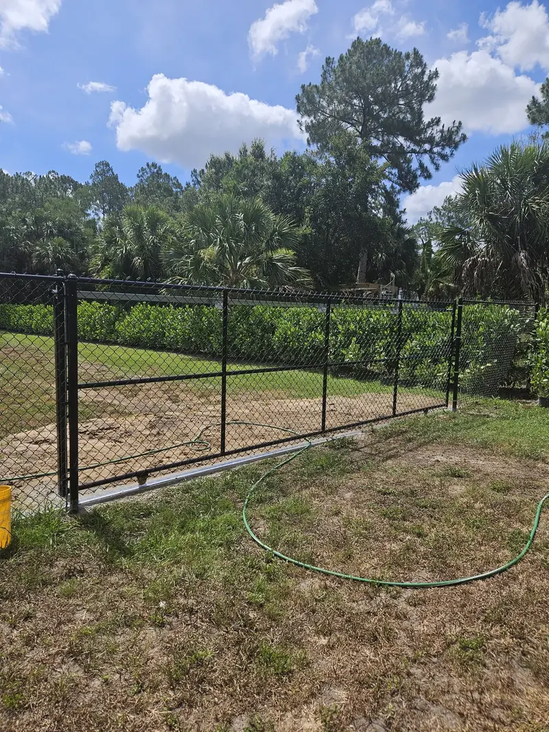 A black chain-link gate beside an open grassy yard and trees.