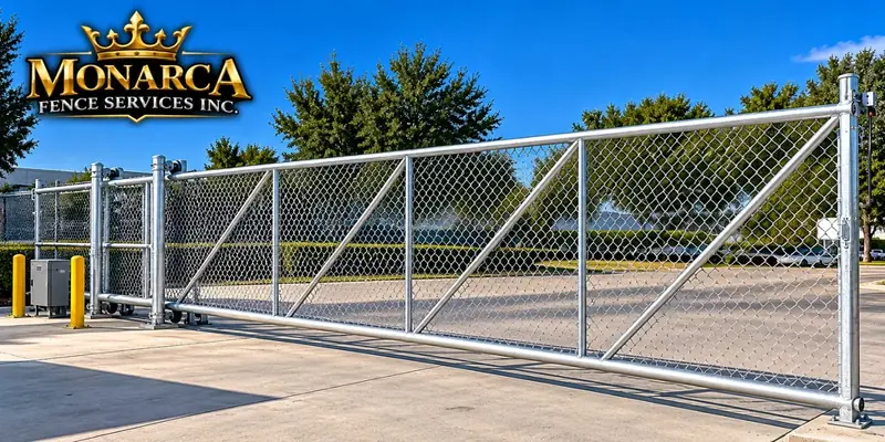 Wide galvanized chain-link vehicle gate across a paved entrance in the Monarca project gallery