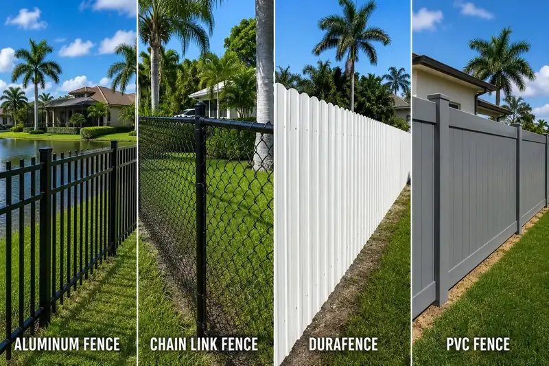 Aluminum, chain-link, Durafence and PVC fences shown side by side to compare four of the styles Monarca installs.