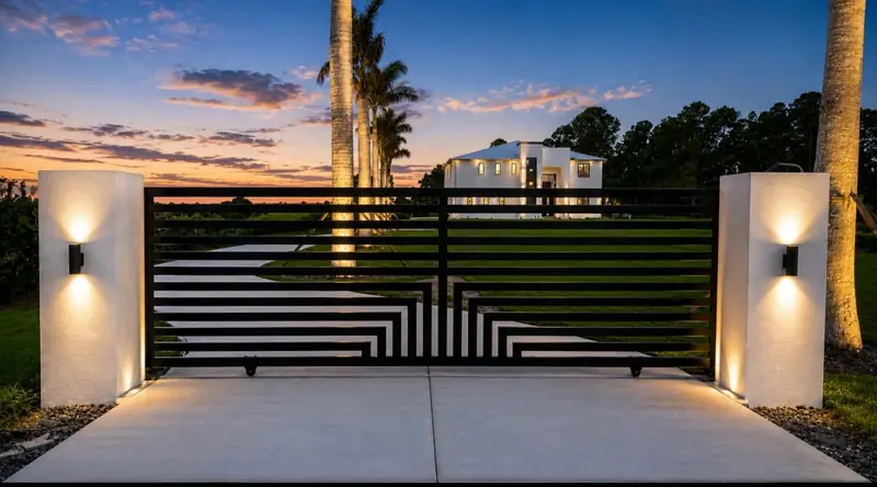Geometric black entrance gate between illuminated white columns from the Monarca portfolio