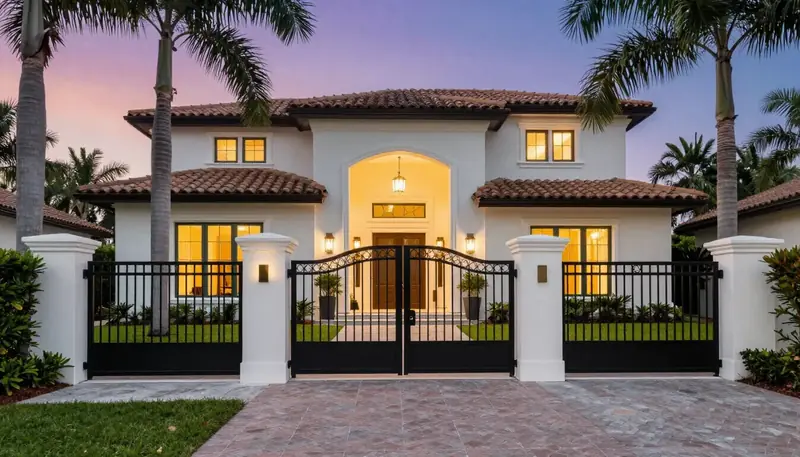 Custom black entrance gate at a Southwest Florida residence